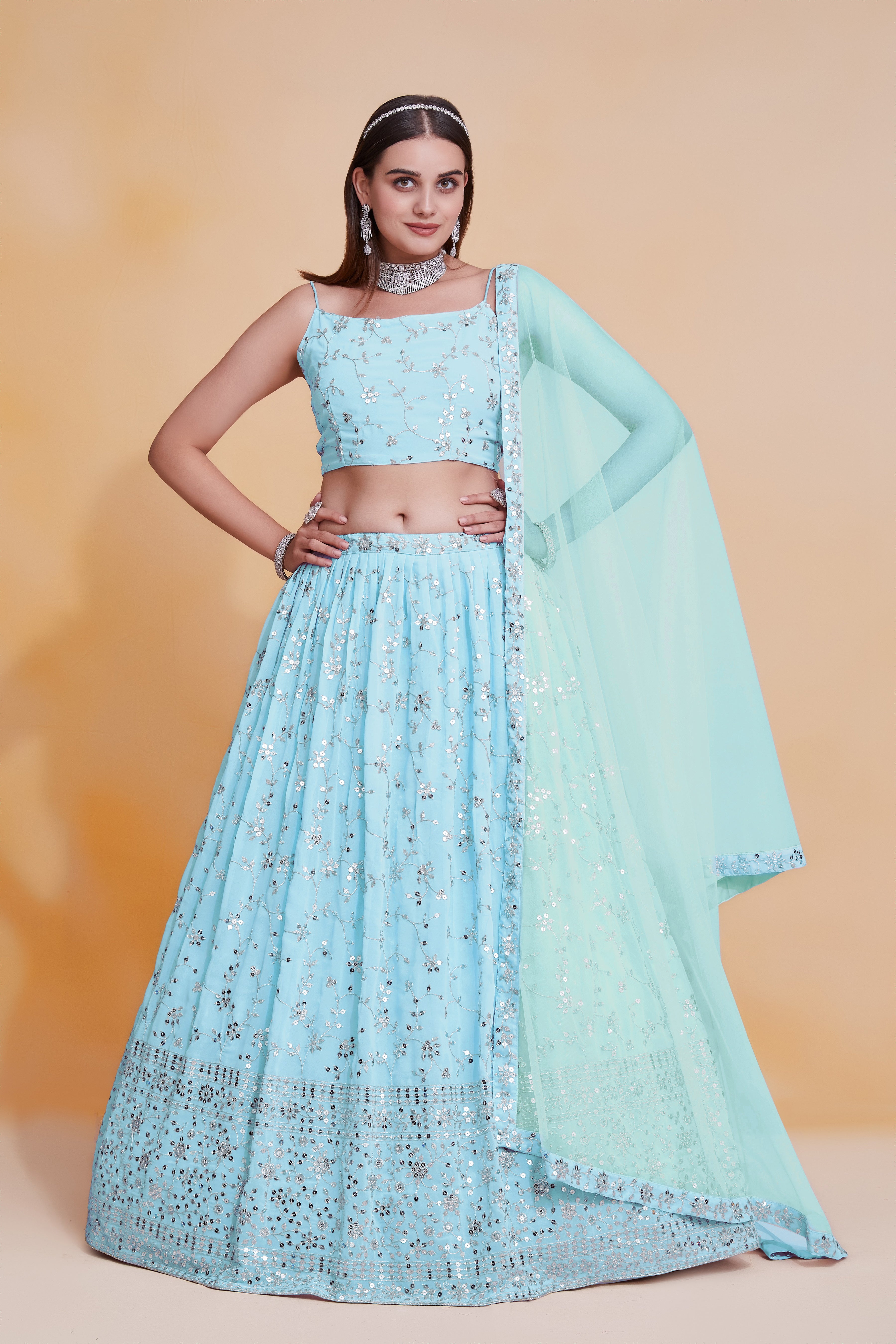 SkyBlue Georgette Sequence Embroidery Work Lehenga choli