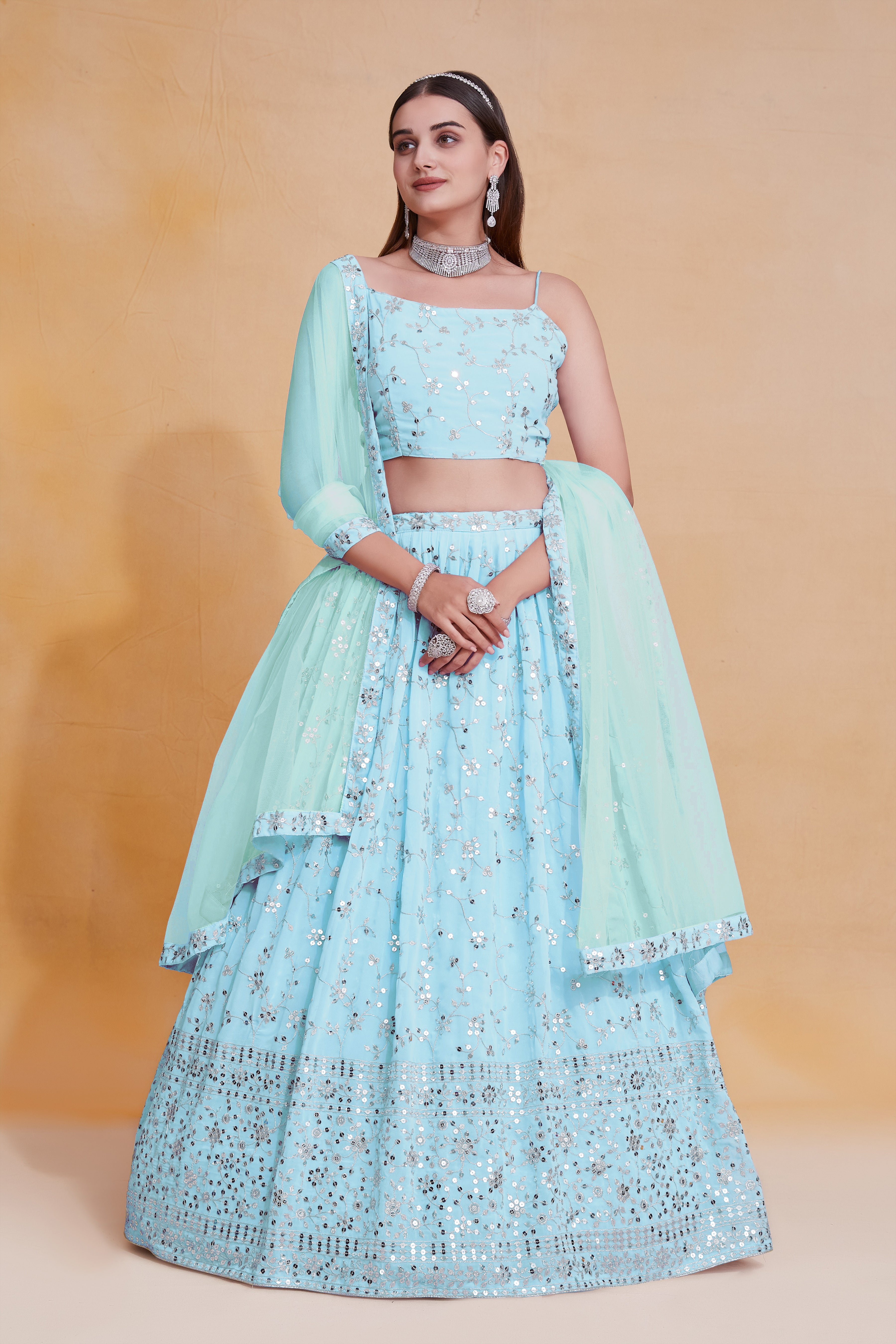 SkyBlue Georgette Sequence Embroidery Work Lehenga choli