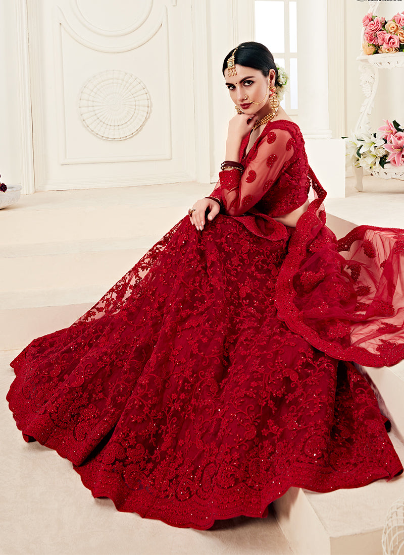 Red Tonal Thread Embroidered Lehenga