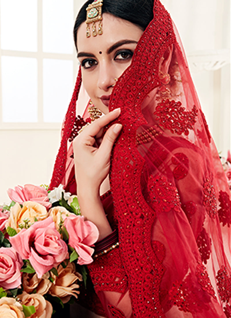 Red Tonal Thread Embroidered Lehenga