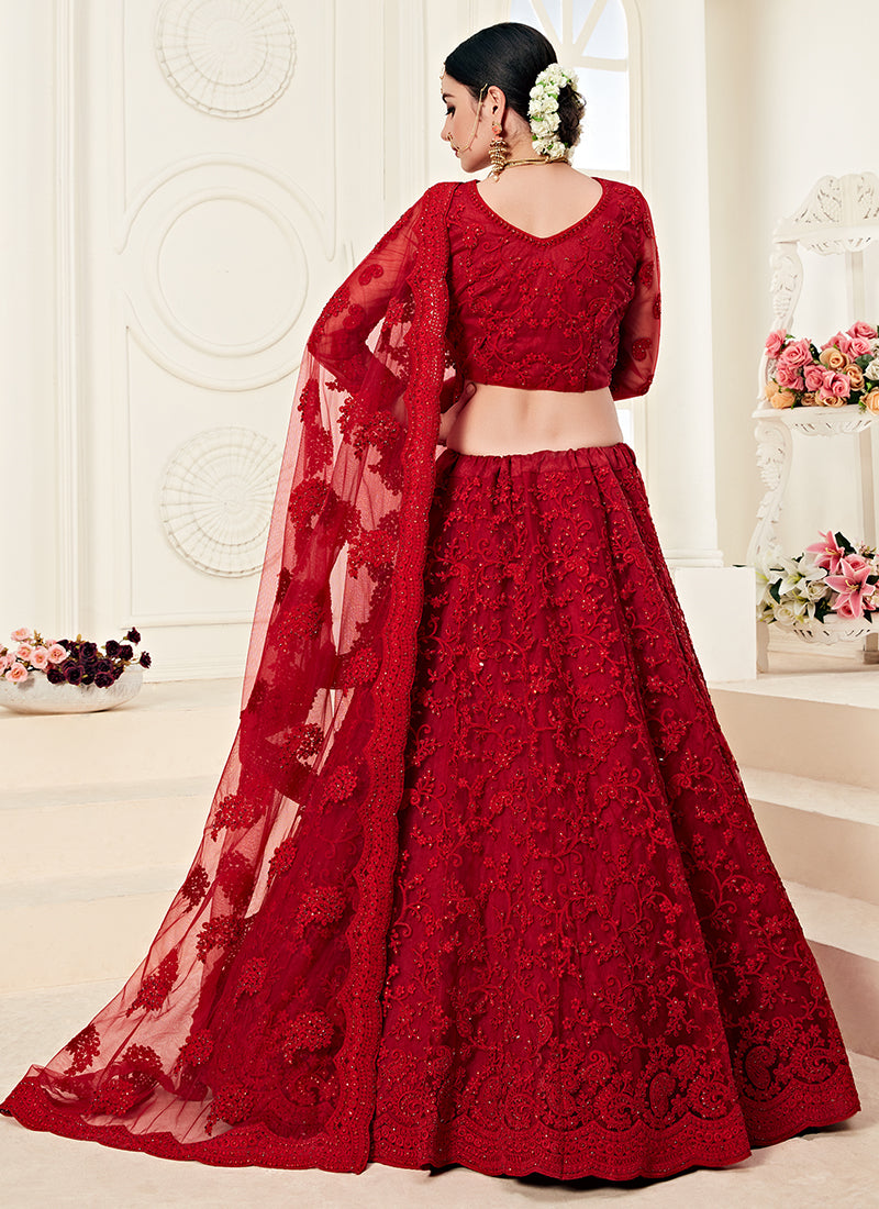 Red Tonal Thread Embroidered Lehenga