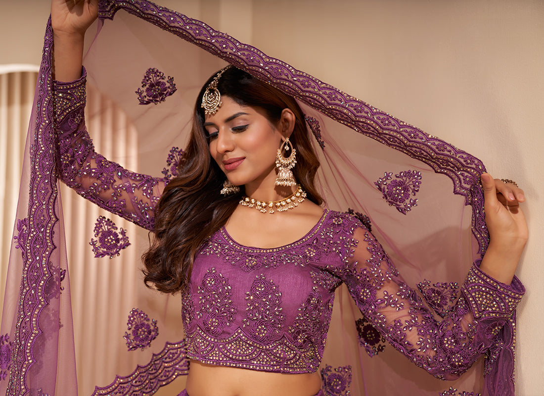 Mauve Tonal Thread Jaal Embroidery Lehenga
