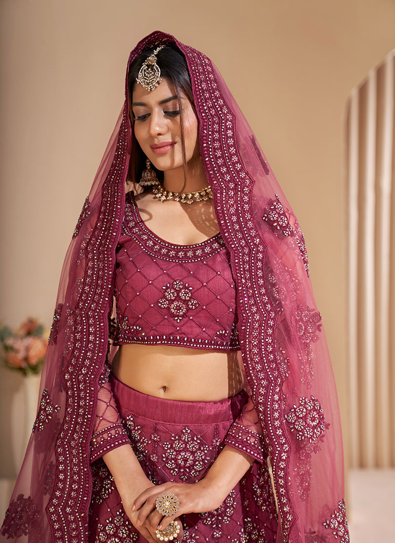 Rust Tonal Thread Jaal Embroidery Lehenga