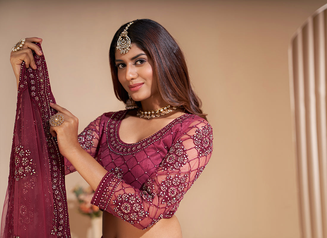 Rust Tonal Thread Jaal Embroidery Lehenga
