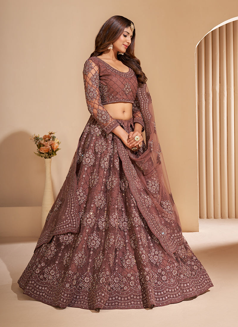 Brown Tonal Thread Jaal Embroidery Lehenga