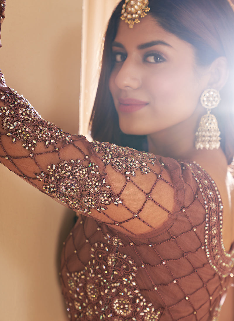 Brown Tonal Thread Jaal Embroidery Lehenga