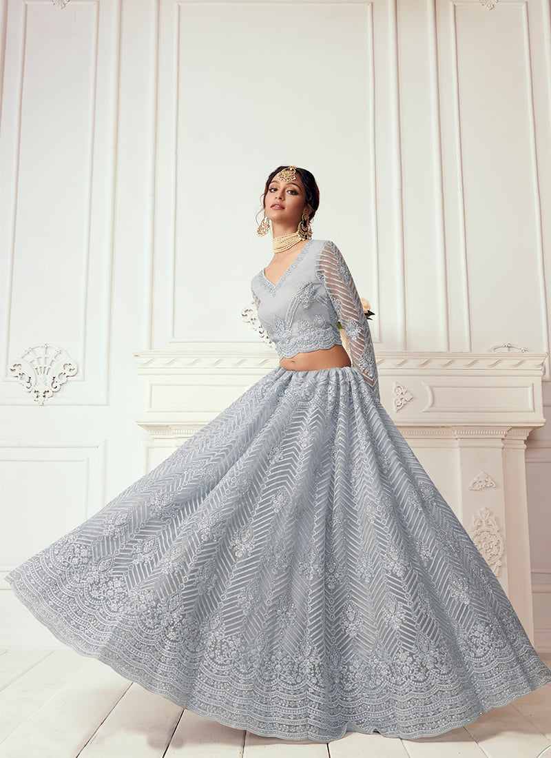 Light Grey Tonal Thread Leaf Embroidery Lehenga