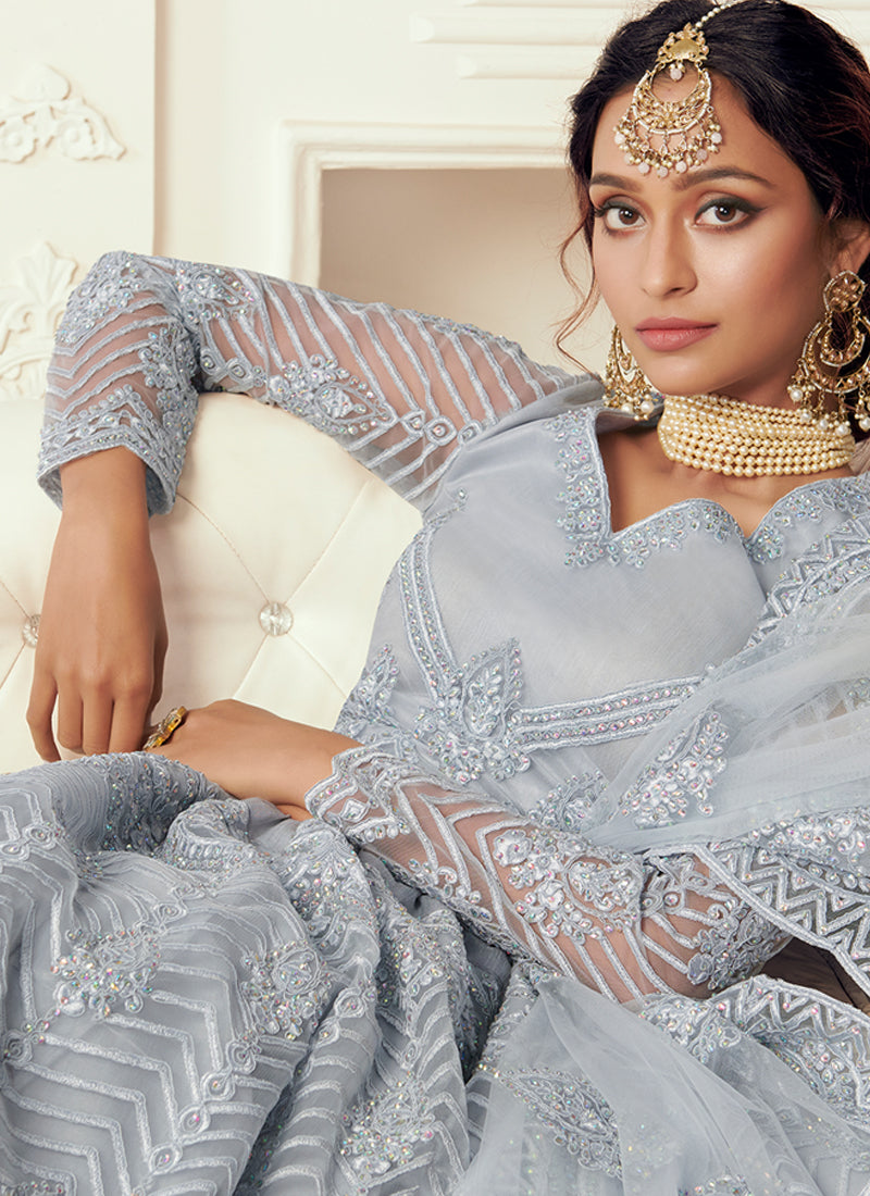 Light Grey Tonal Thread Leaf Embroidery Lehenga