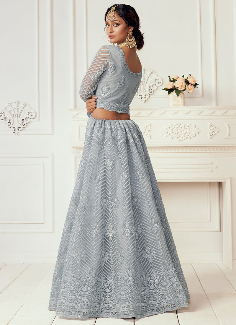 Light Grey Tonal Thread Leaf Embroidery Lehenga