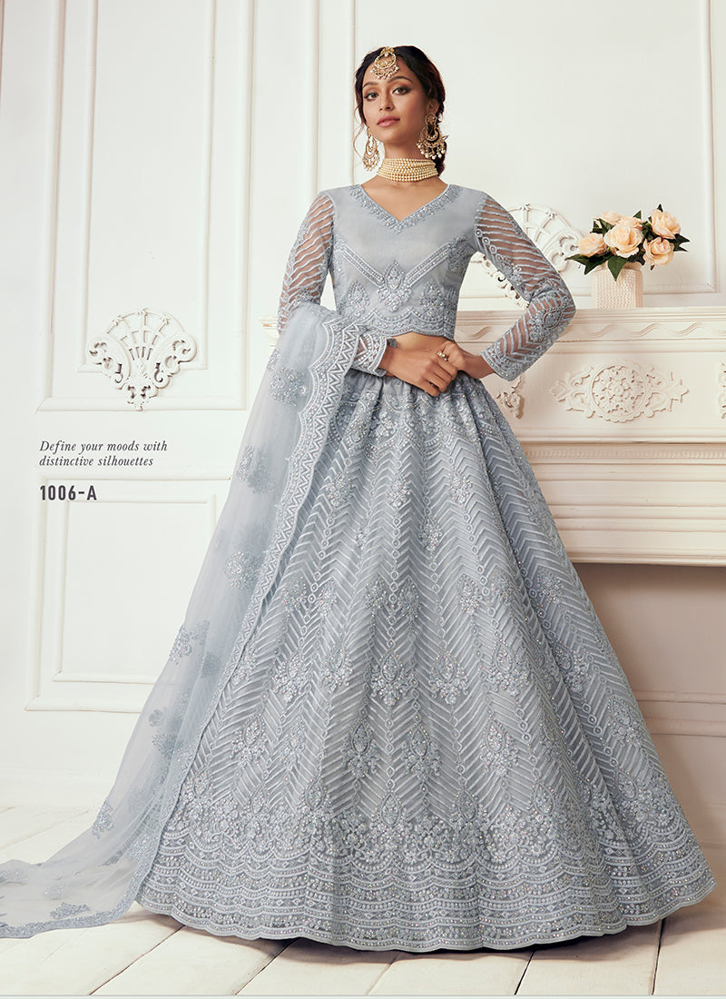 Light Grey Tonal Thread Leaf Embroidery Lehenga