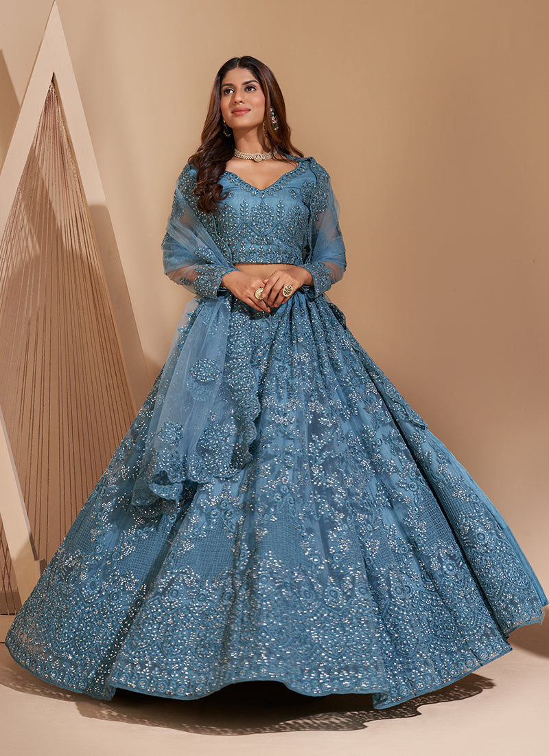 Blue Tonal Thread Jaal Embroidery Lehenga