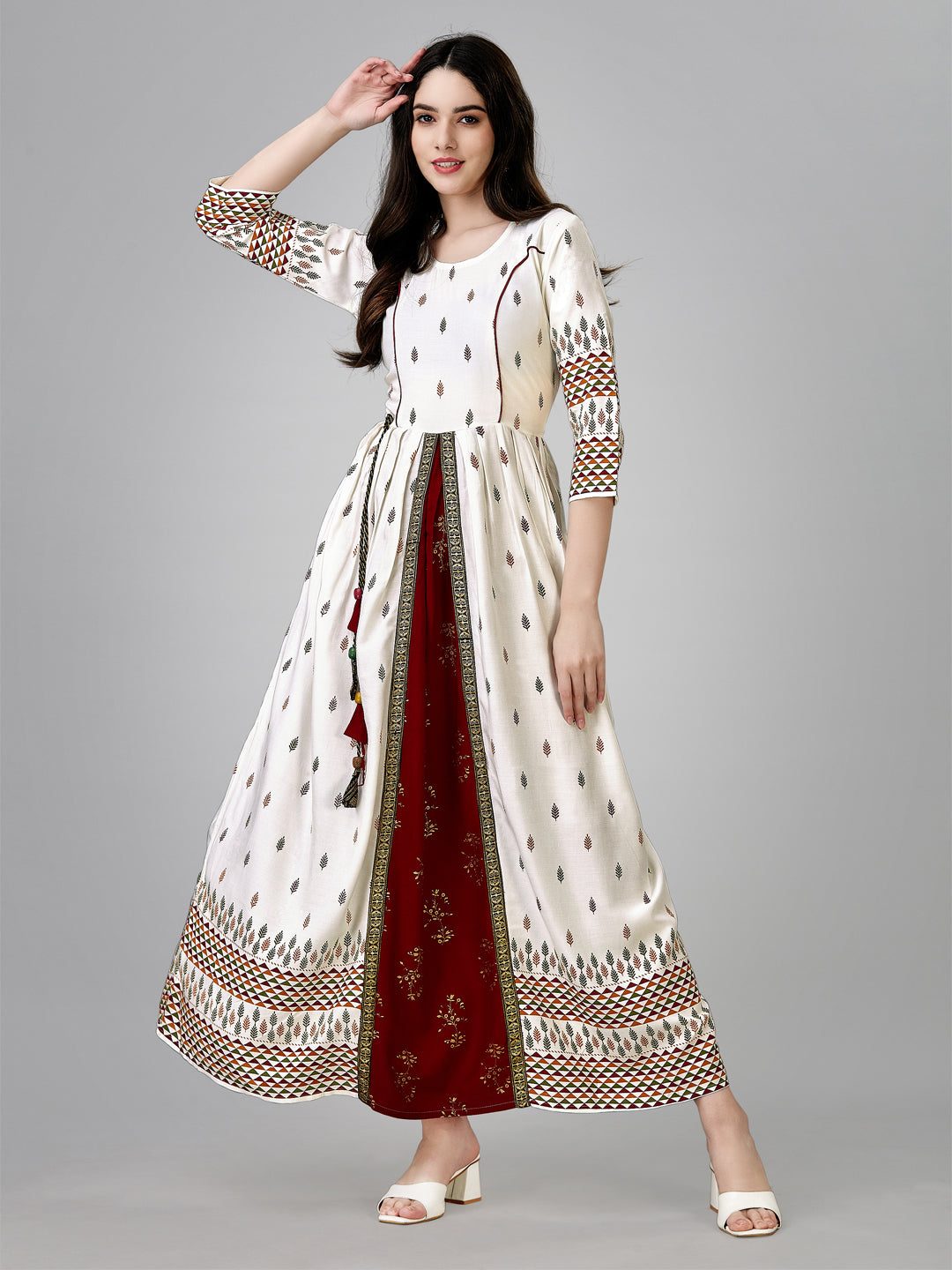 White Heavy Rayon Kurta Set With Printed