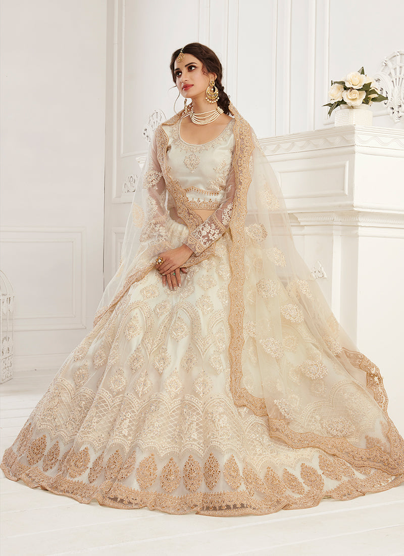 Ivory Tonal Thread Leaf Embroidery Lehenga