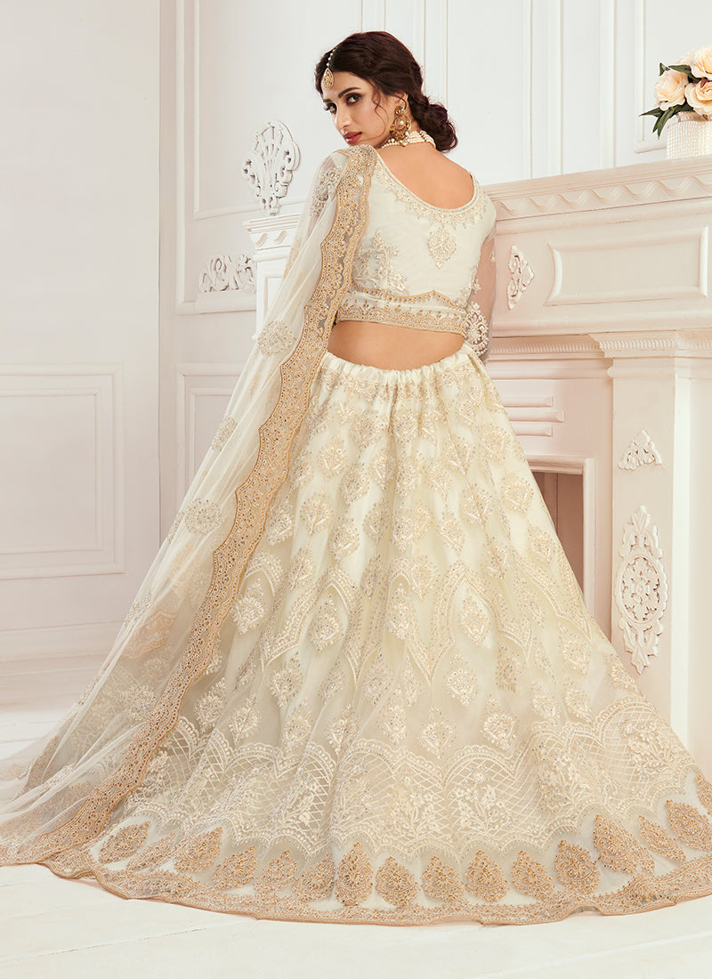 Ivory Tonal Thread Leaf Embroidery Lehenga