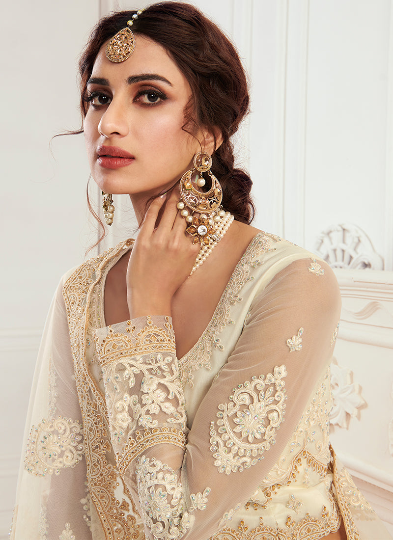 Ivory Tonal Thread Leaf Embroidery Lehenga