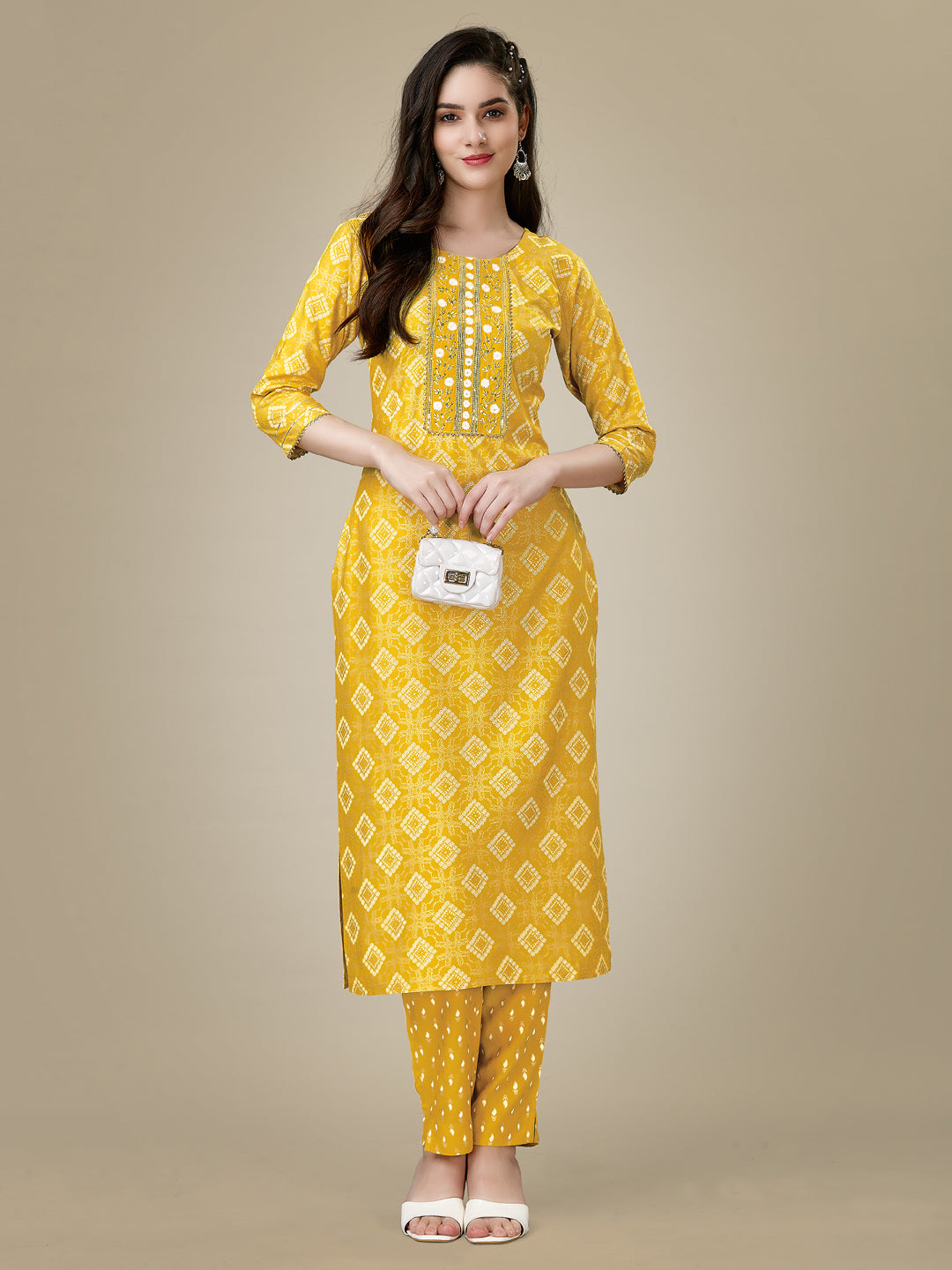 Yellow Heavy Rayon Kurta Set With Embroidery Work