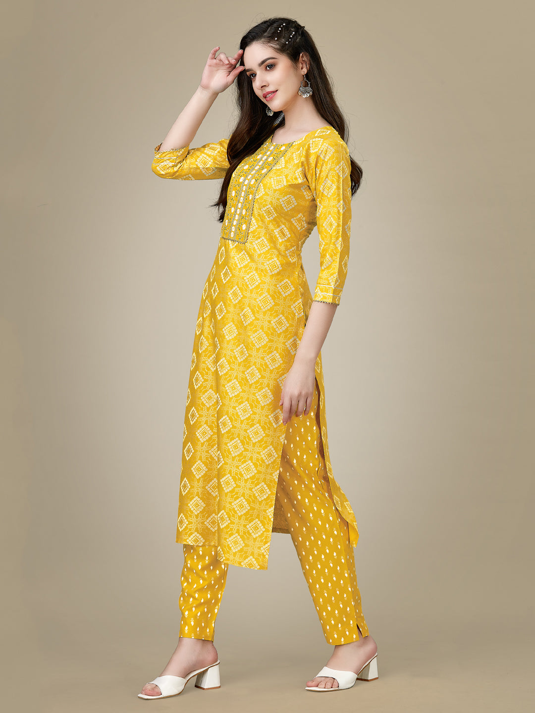 Yellow Heavy Rayon Kurta Set With Embroidery Work