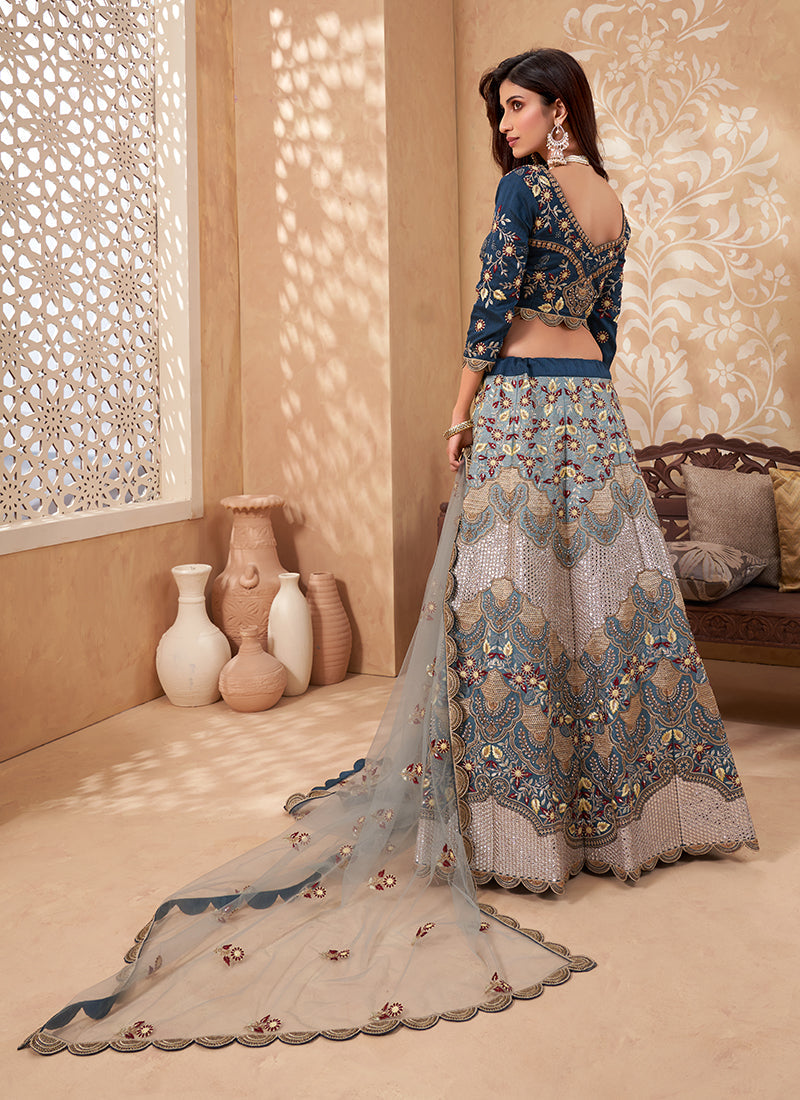 Teal Scallop Embroidery Lehenga Set