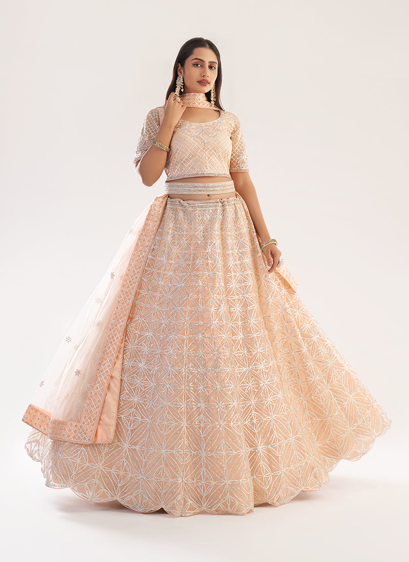 Peach White Thread Embroidery Lehenga With Belt
