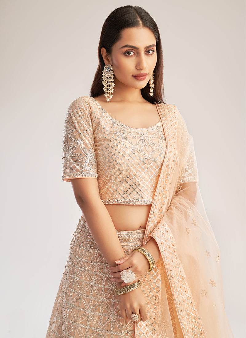 Peach White Thread Embroidery Lehenga With Belt