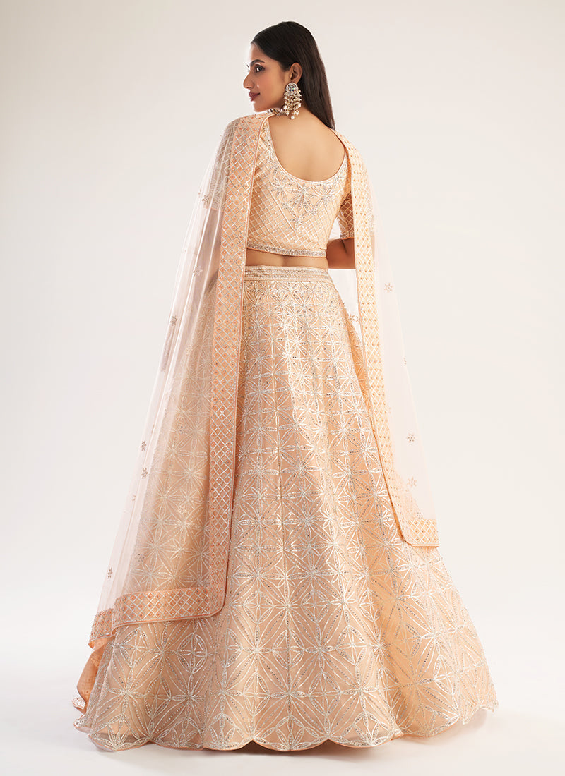 Peach White Thread Embroidery Lehenga With Belt