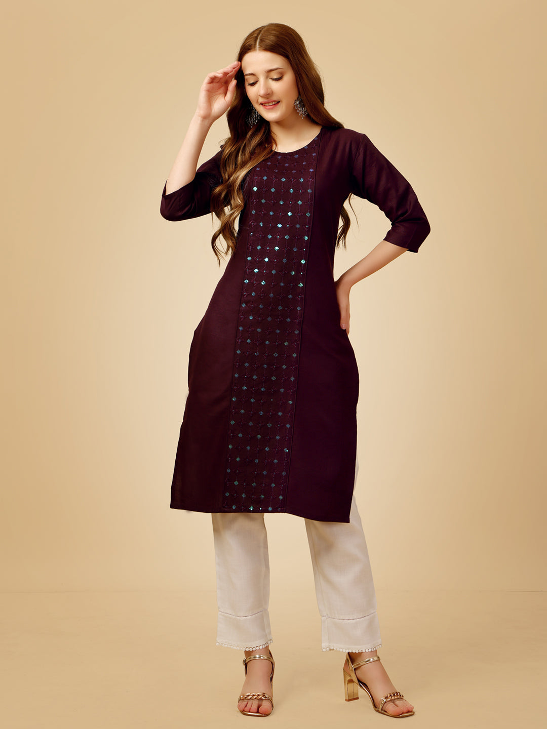 DarkPurple Cotton Magic Slub Kurta Set With Embroidery & Sequence Work