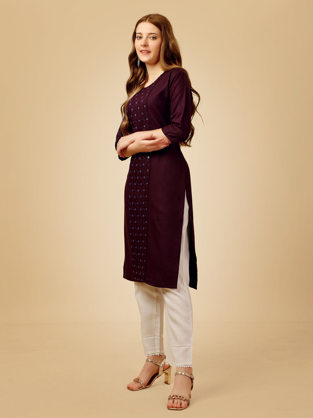 DarkPurple Cotton Magic Slub Kurta Set With Embroidery & Sequence Work