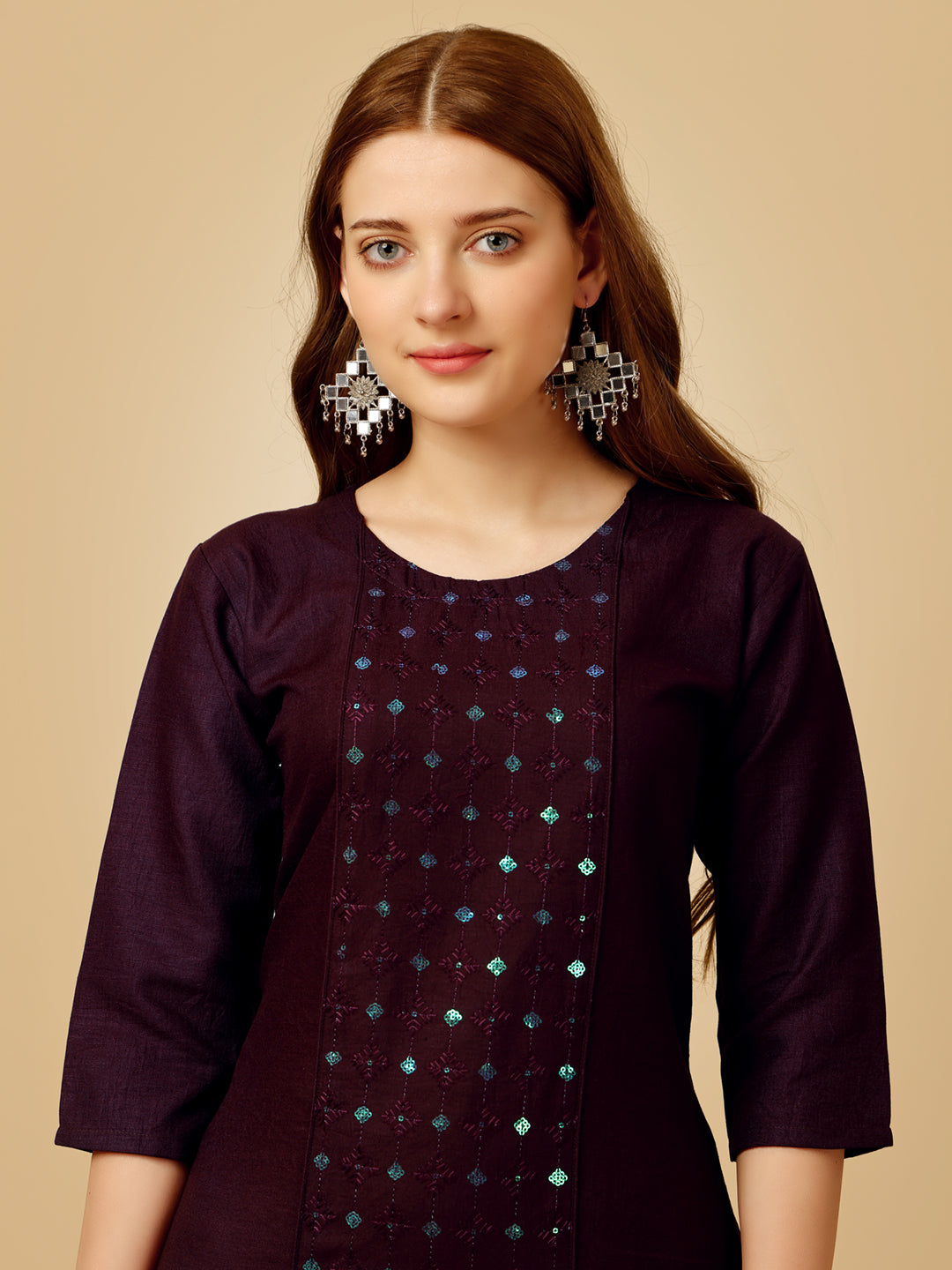 DarkPurple Cotton Magic Slub Kurta Set With Embroidery & Sequence Work