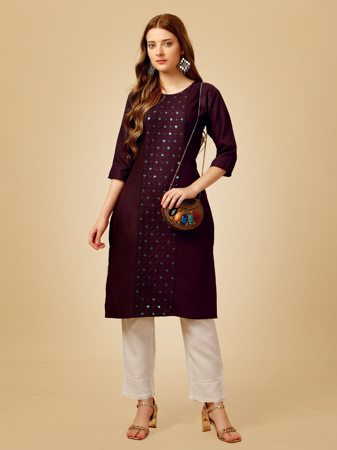DarkPurple Cotton Magic Slub Kurta Set With Embroidery & Sequence Work