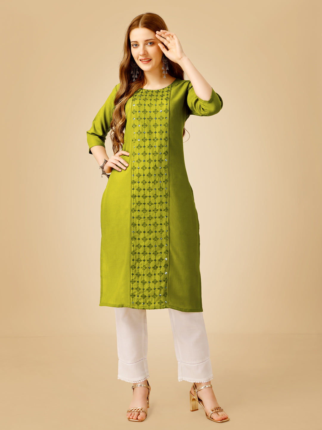 Parrot Cotton Magic Slub Kurta Set With Embroidery & Sequence Work