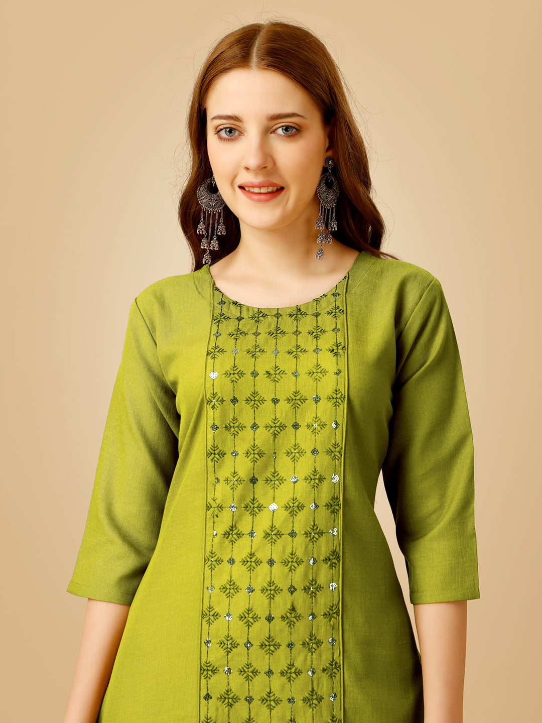 Parrot Cotton Magic Slub Kurta Set With Embroidery & Sequence Work