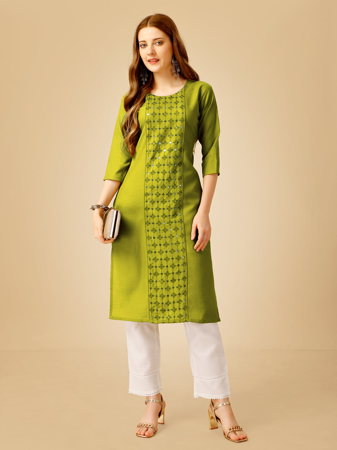 Parrot Cotton Magic Slub Kurta Set With Embroidery & Sequence Work