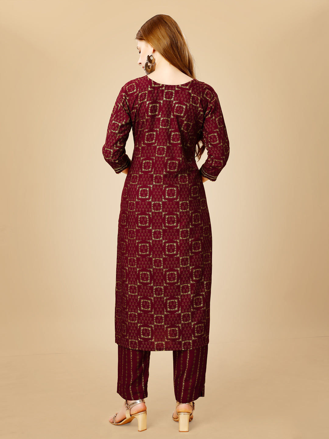 Wine Heavy Rayon Kurta Set With Embroidery Work
