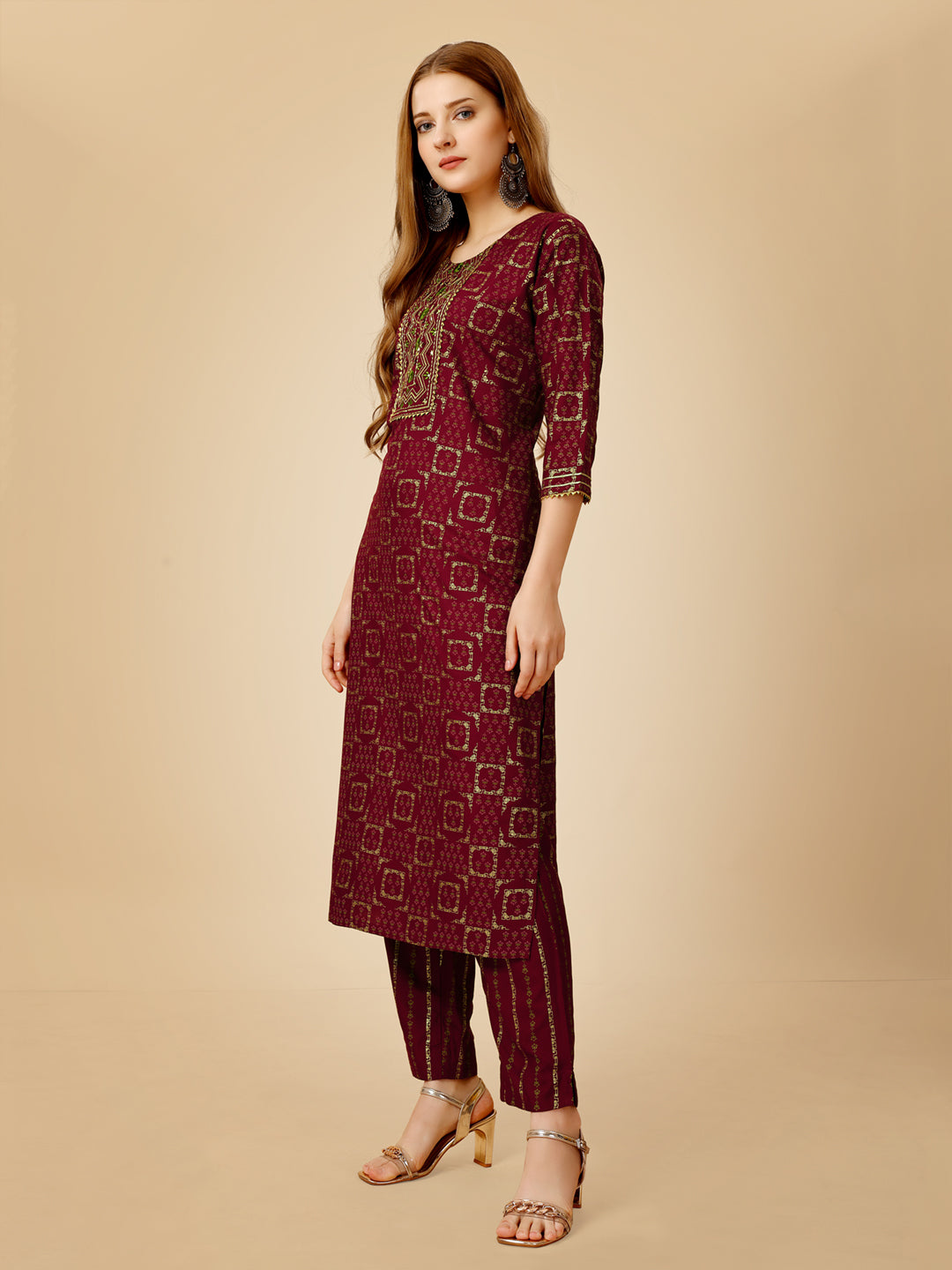 Wine Heavy Rayon Kurta Set With Embroidery Work