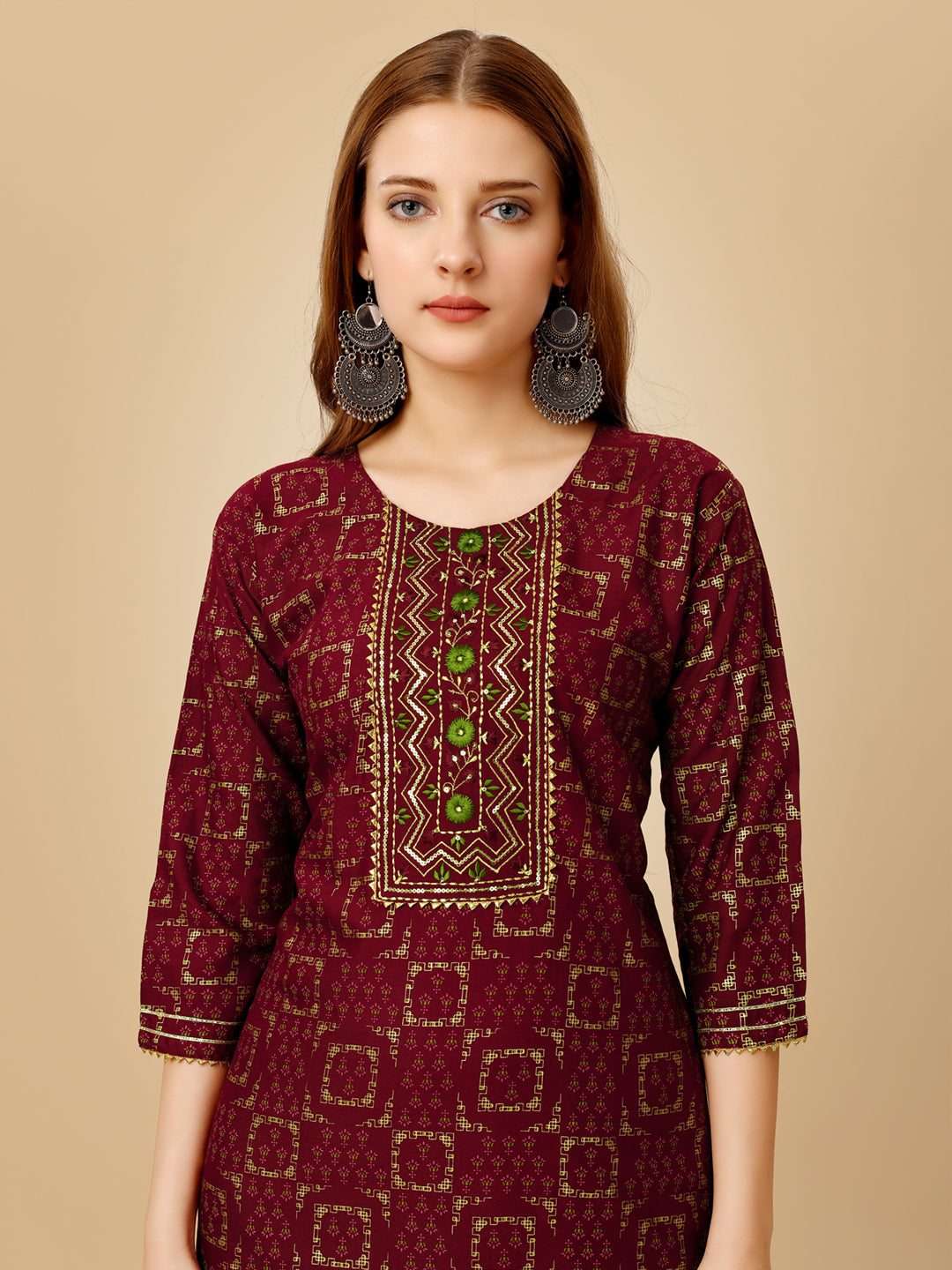 Wine Heavy Rayon Kurta Set With Embroidery Work
