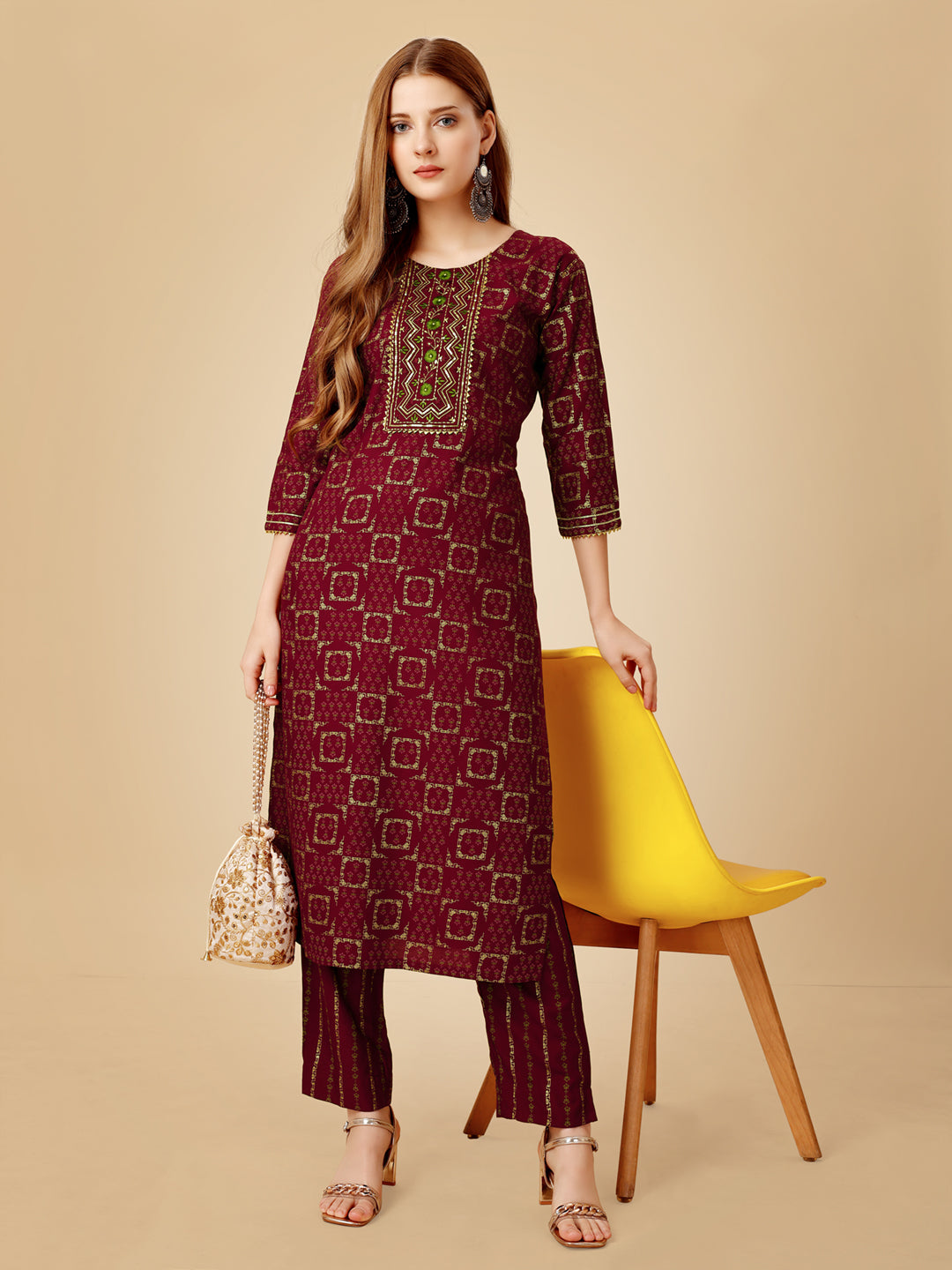 Wine Heavy Rayon Kurta Set With Embroidery Work