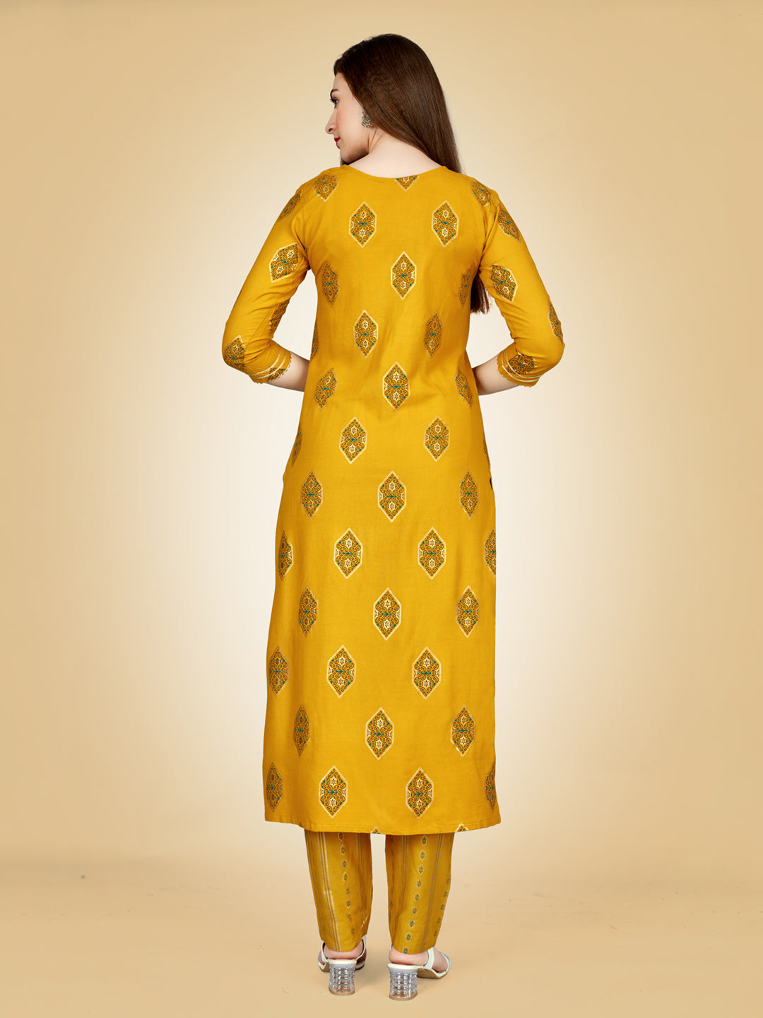 Yellow Heavy Rayon Kurta Set With Embroidery Work