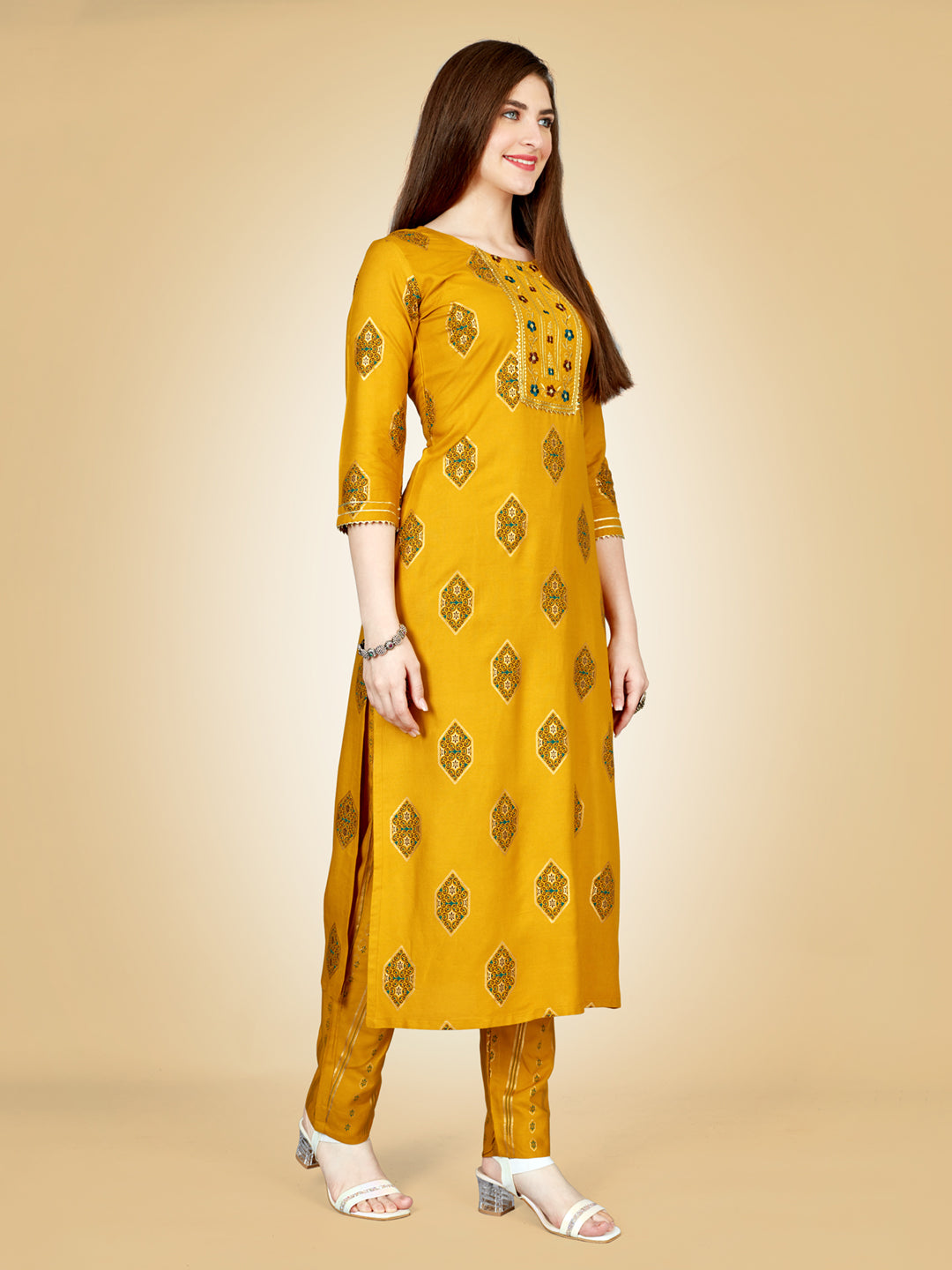 Yellow Heavy Rayon Kurta Set With Embroidery Work