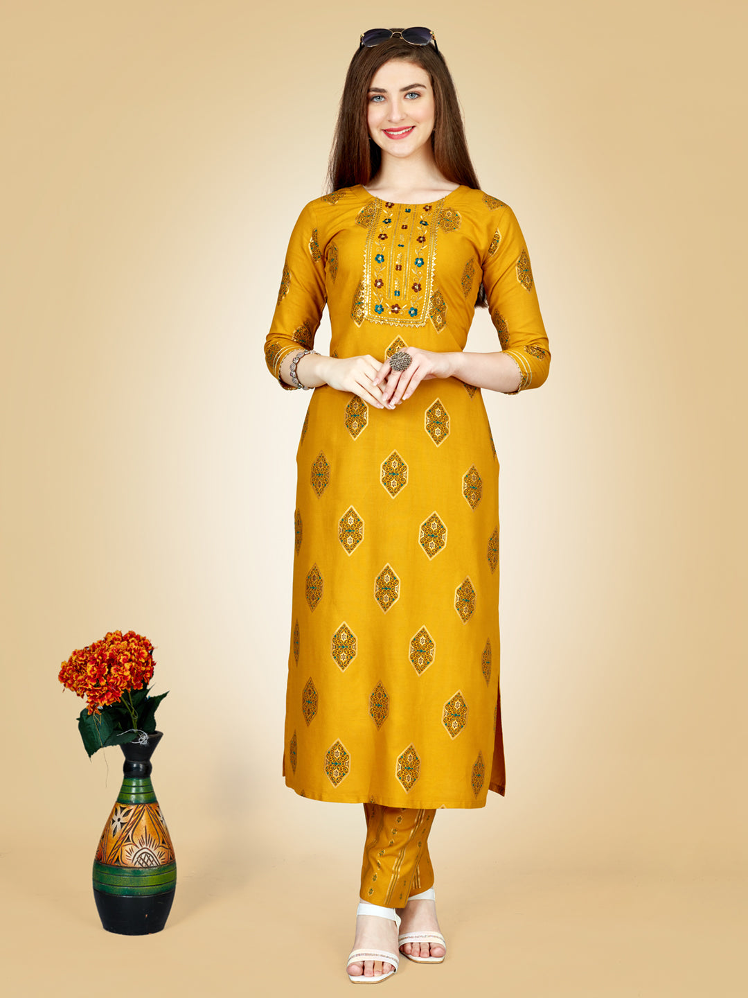 Yellow Heavy Rayon Kurta Set With Embroidery Work
