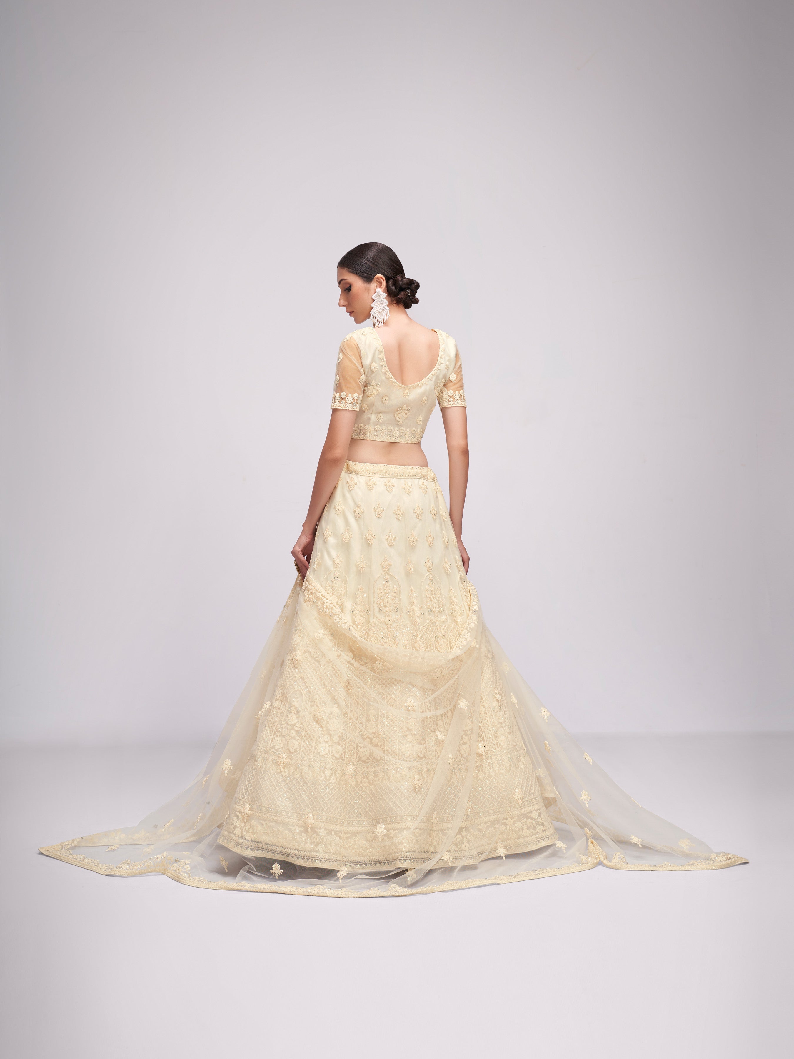 Cream Thread Embroidery Lehenga