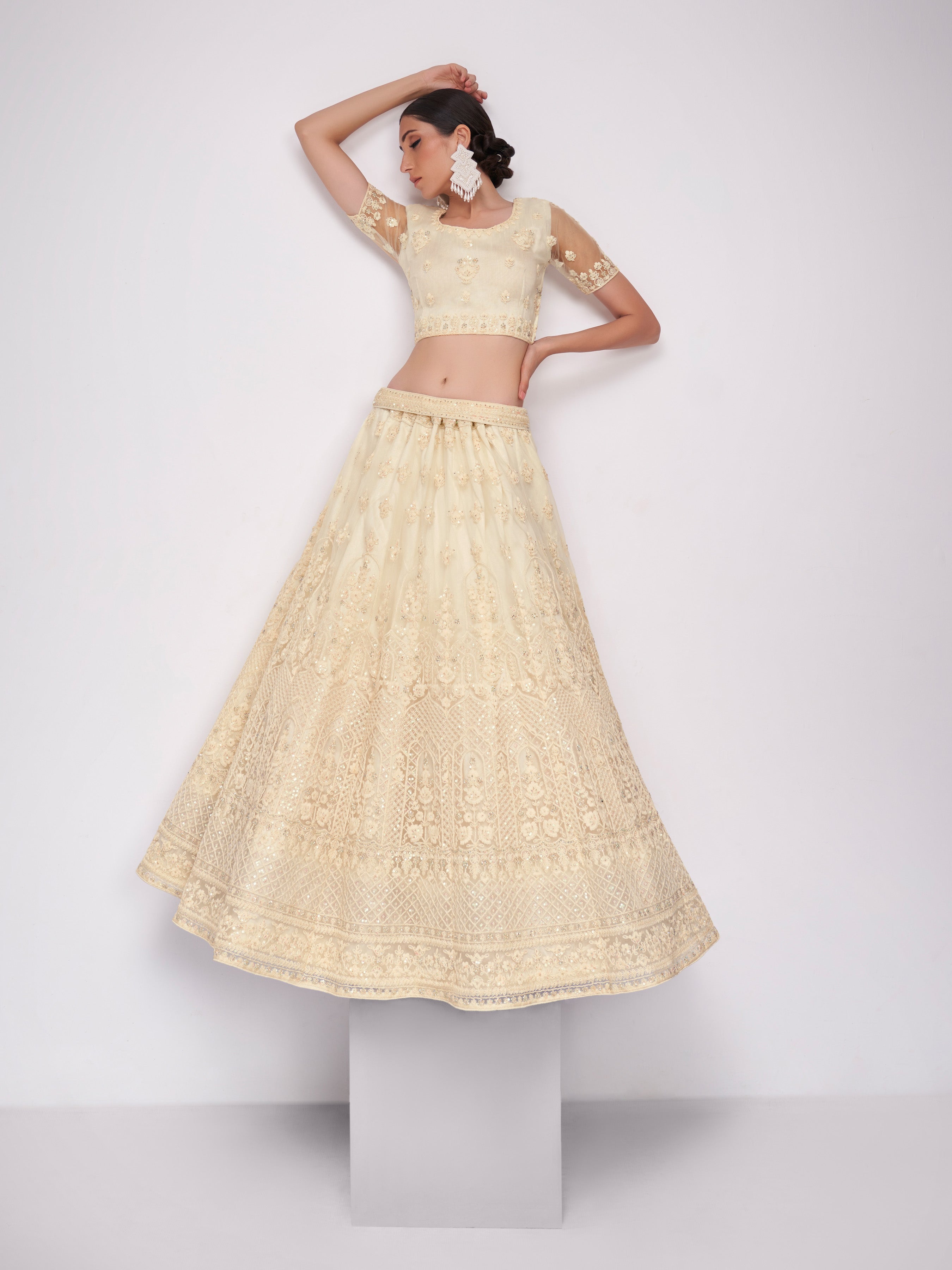 Cream Thread Embroidery Lehenga