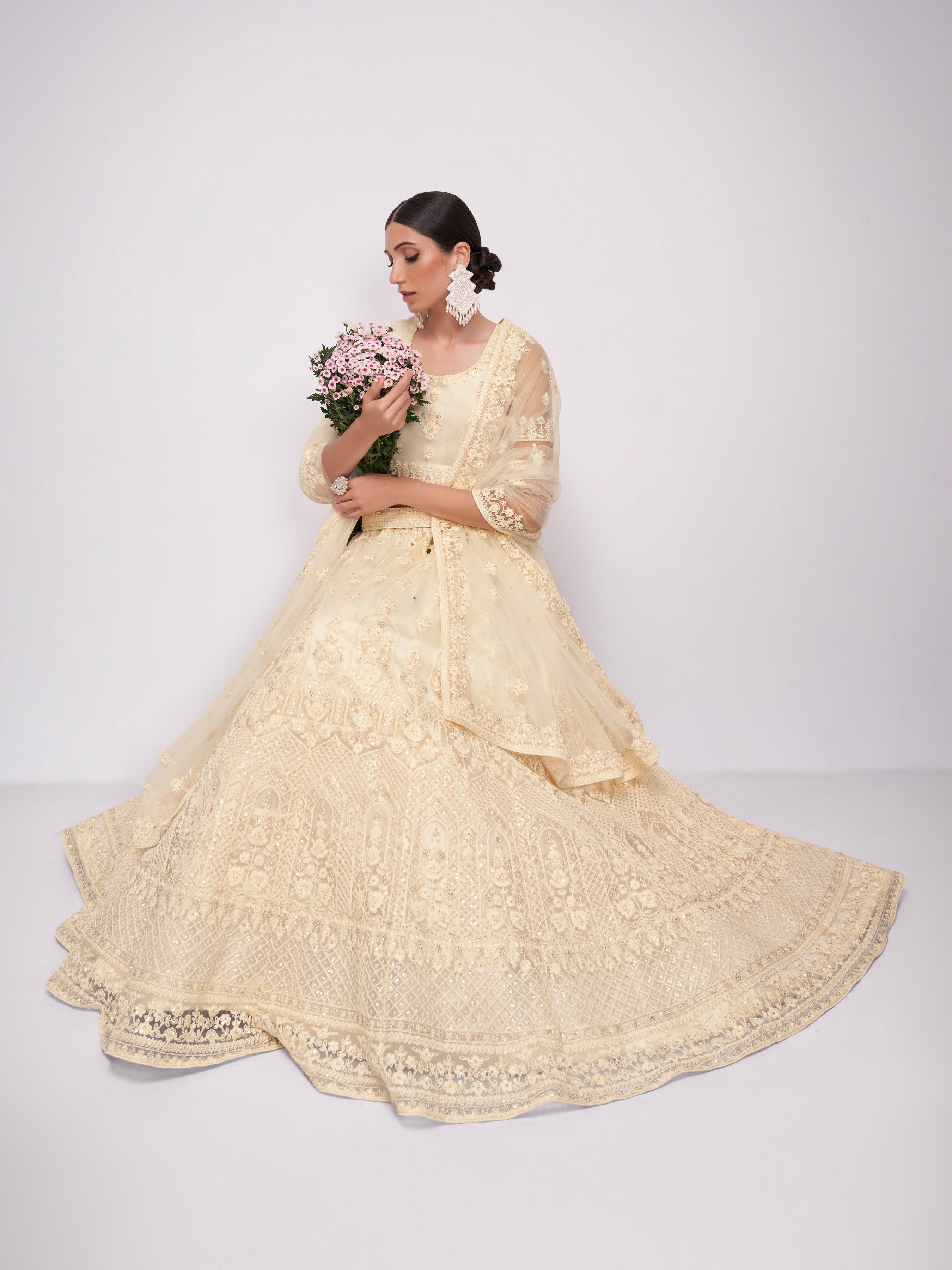 Cream Thread Embroidery Lehenga