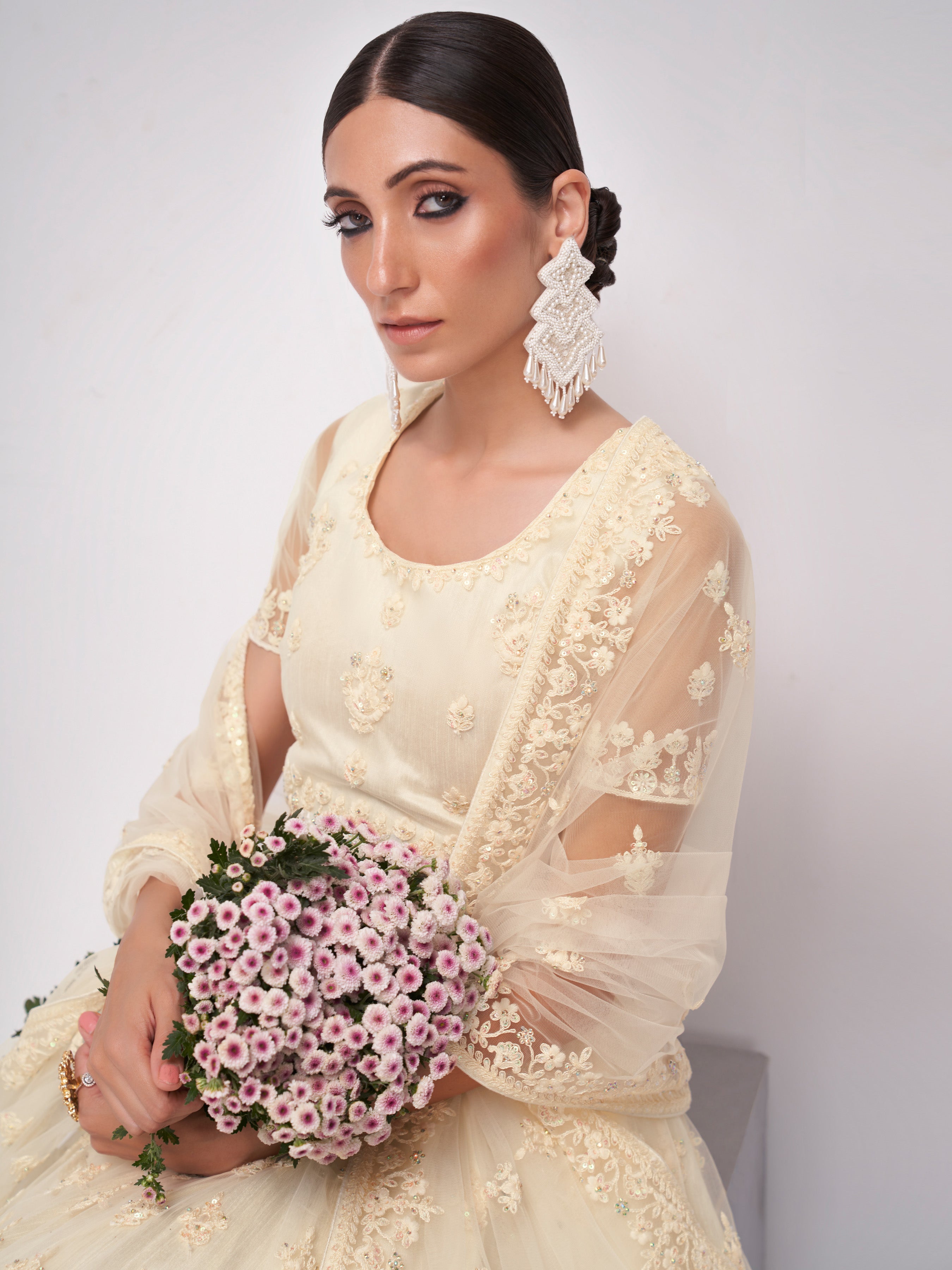 Cream Thread Embroidery Lehenga