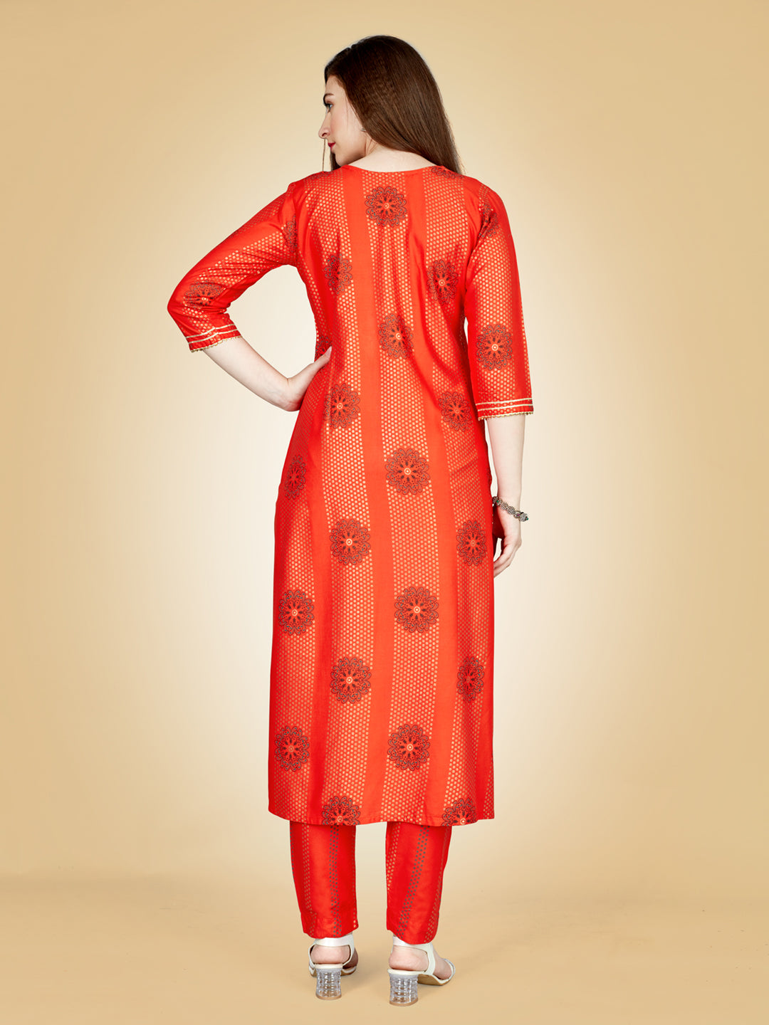 Orange Heavy Rayon Kurta Set With Embroidery Work