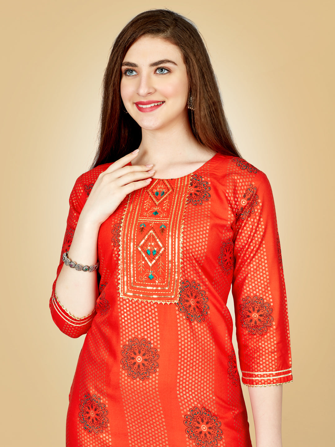 Orange Heavy Rayon Kurta Set With Embroidery Work