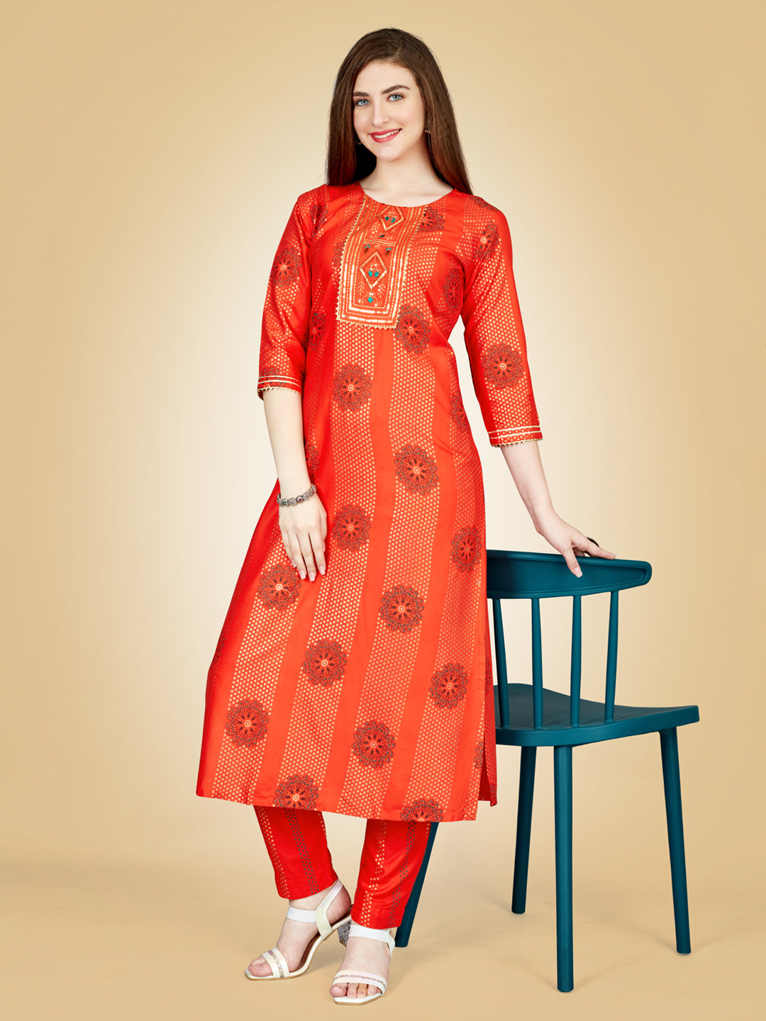 Orange Heavy Rayon Kurta Set With Embroidery Work
