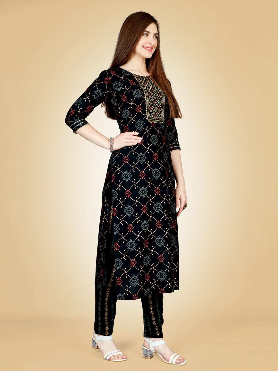Black Heavy Rayon Kurta Set With Embroidery Work