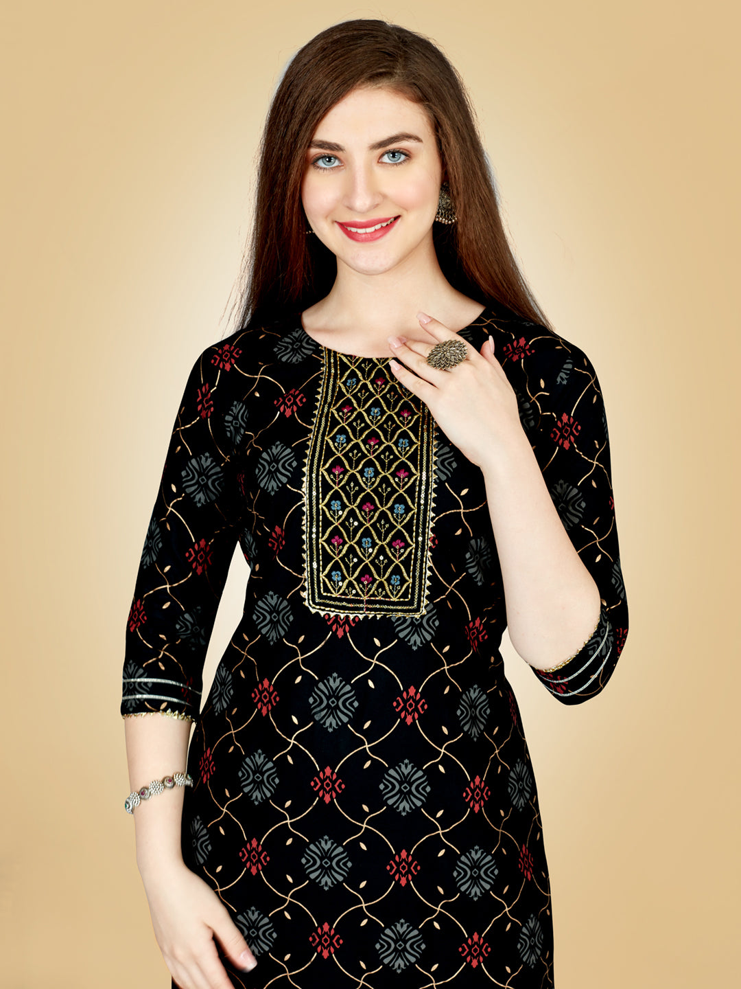 Black Heavy Rayon Kurta Set With Embroidery Work