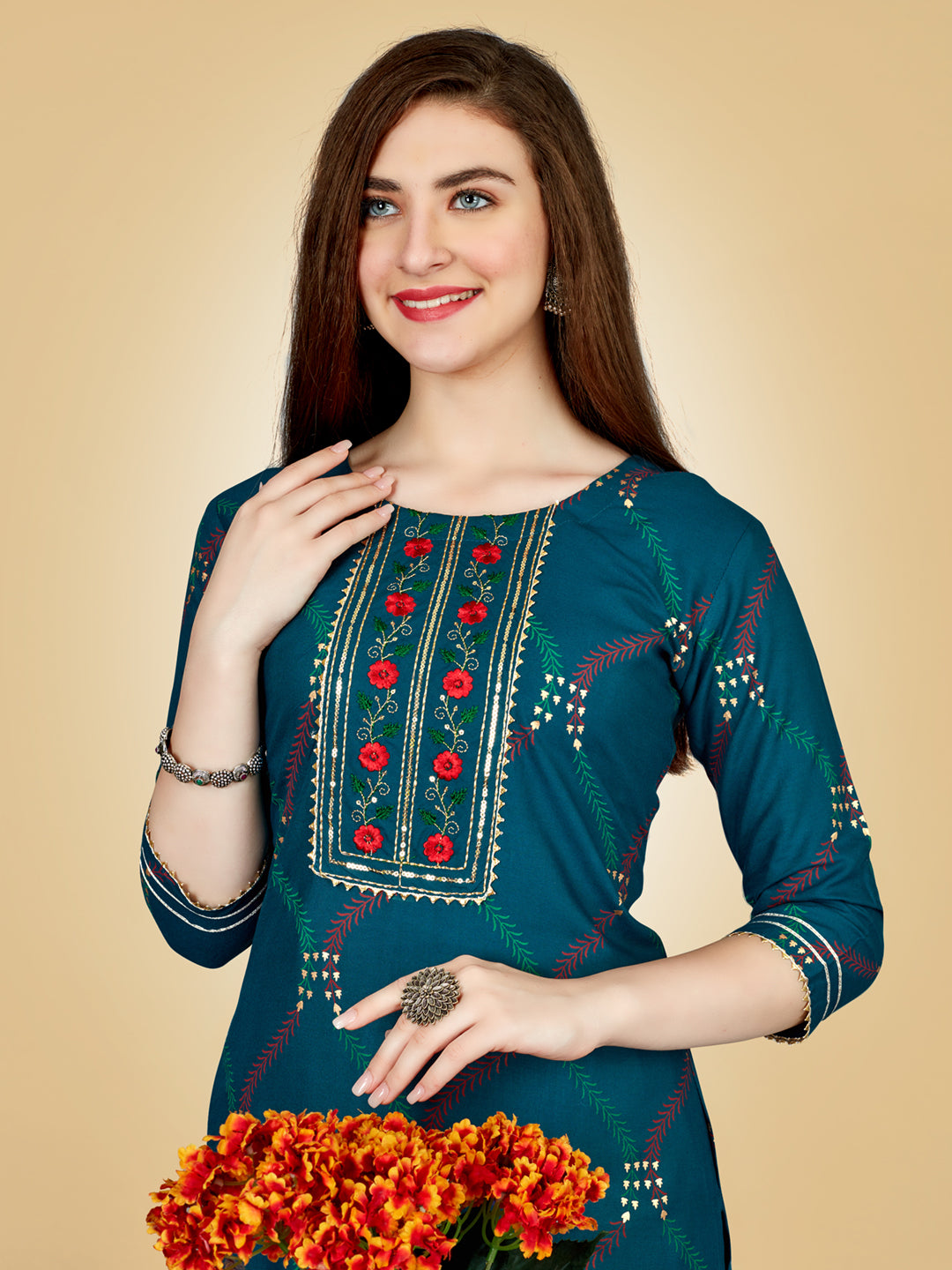 Navyblue Heavy Rayon Kurta Set With Embroidery Work