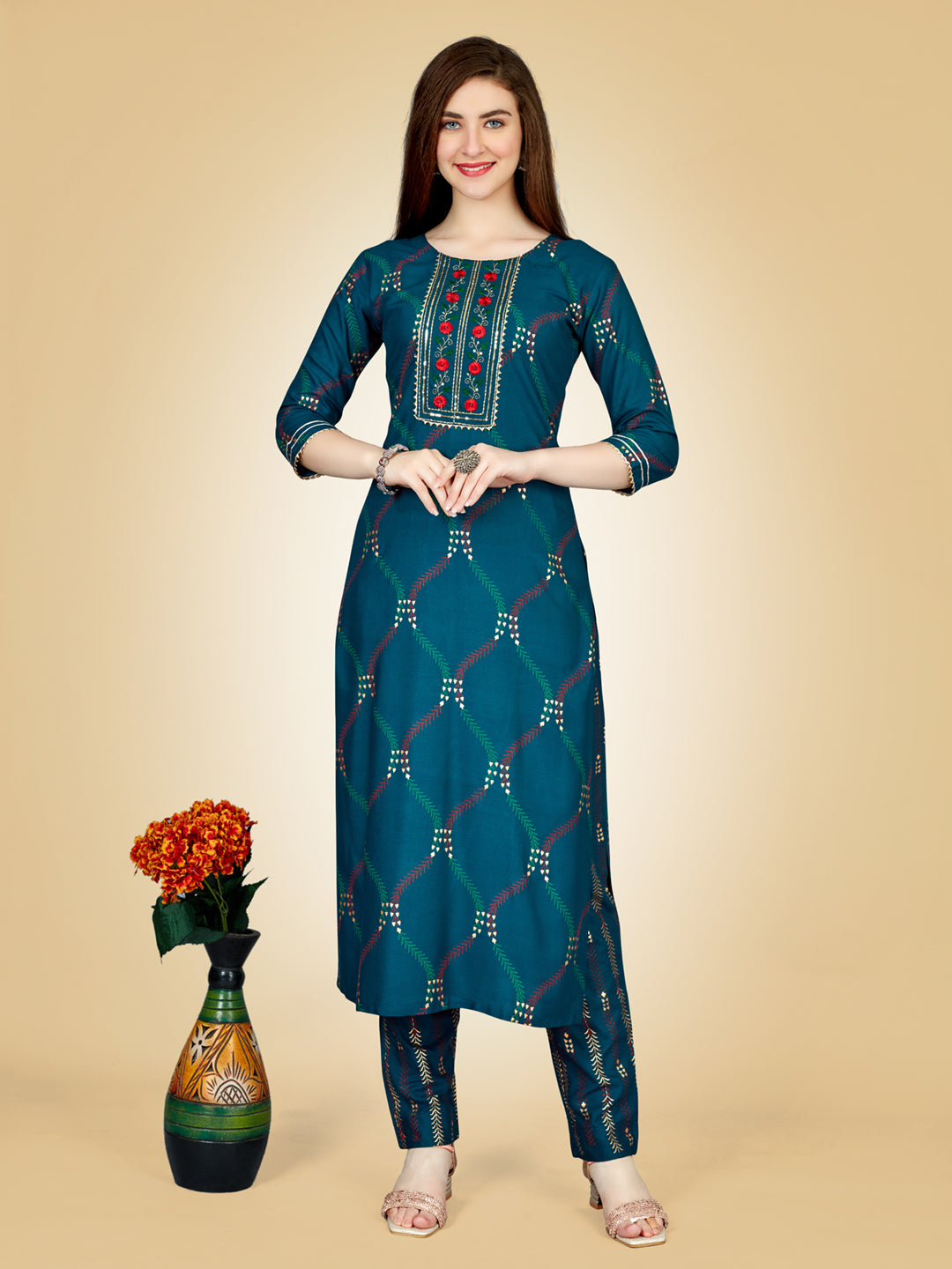 Navyblue Heavy Rayon Kurta Set With Embroidery Work
